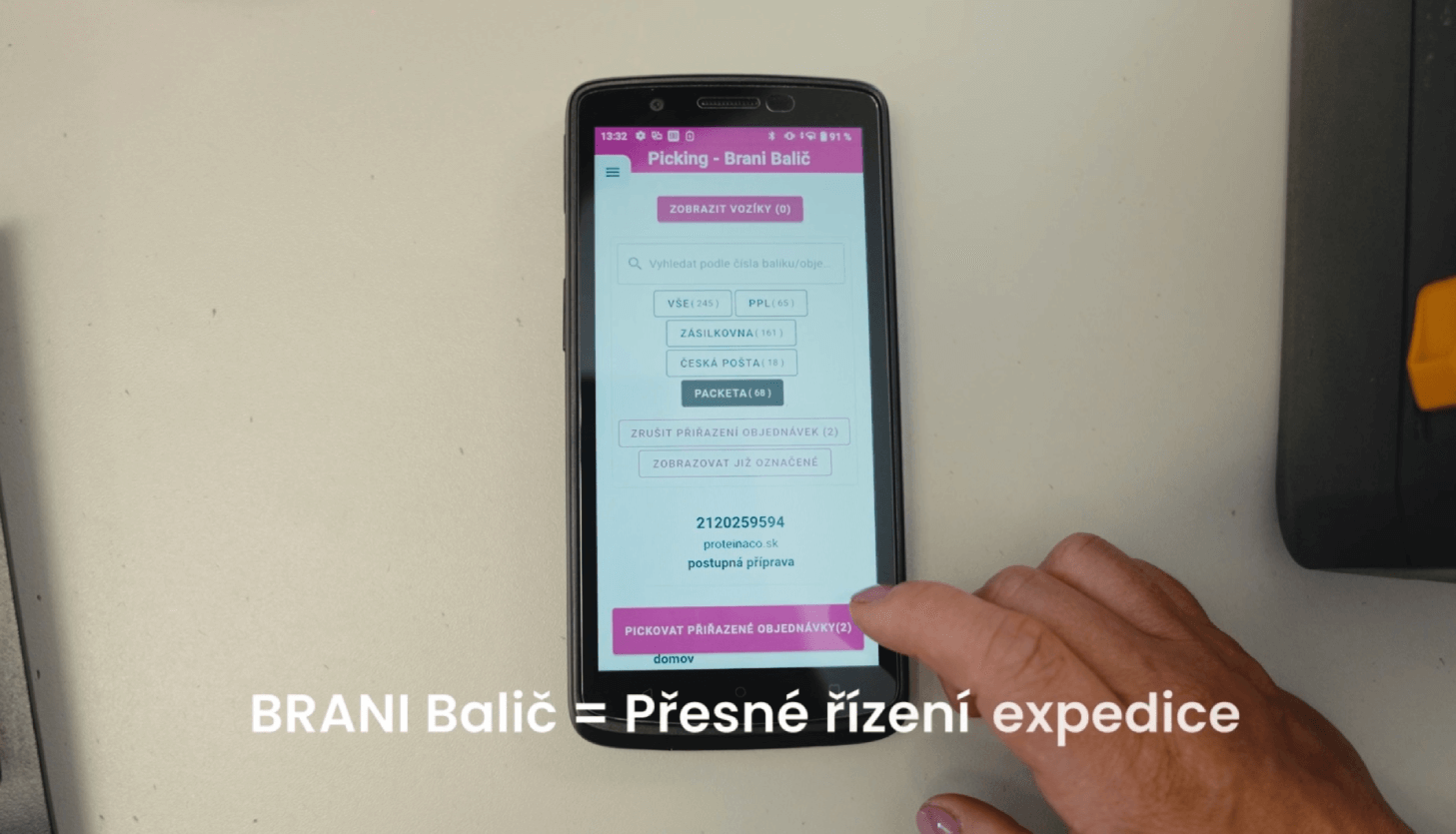 Rozhraní Brani Baliče na mobilním zařízení