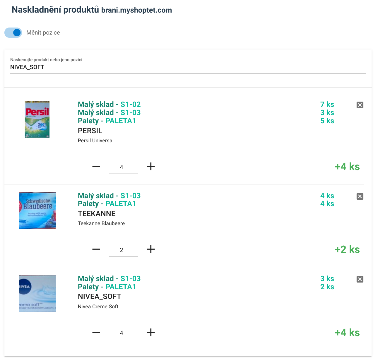 Hromadné naskladňování produktů.