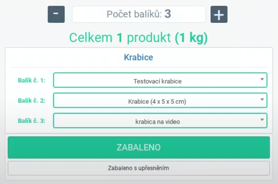 Volba krabice při balení.