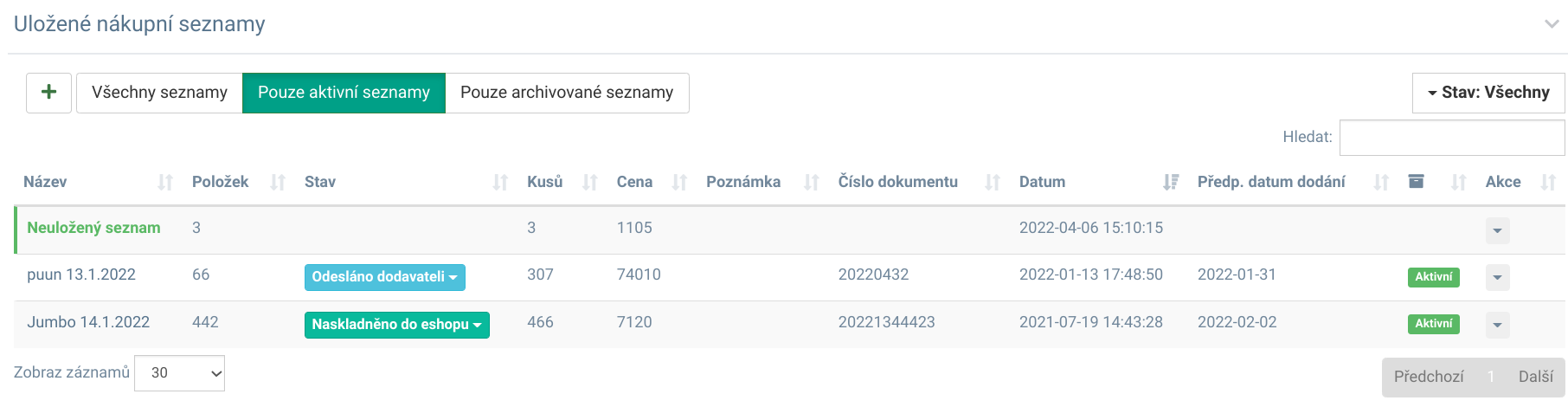 Seznam objednávek