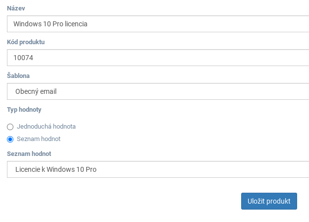 Založení nového produktu v doplňku.